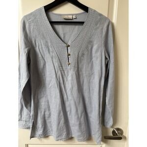 Women's Kenar Top Size Small Blue Linen Blend Long Sleeve Boho